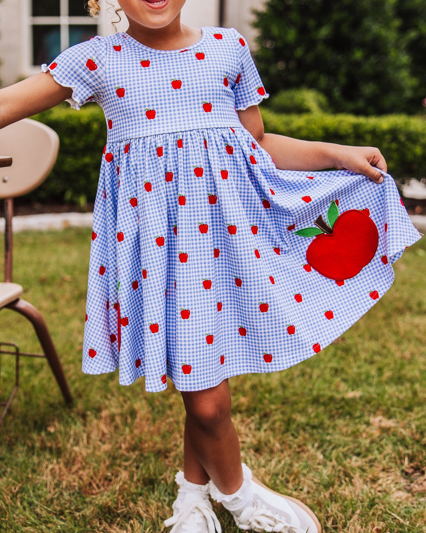 Ribbed Knit Dress - Apple Gingham Blue