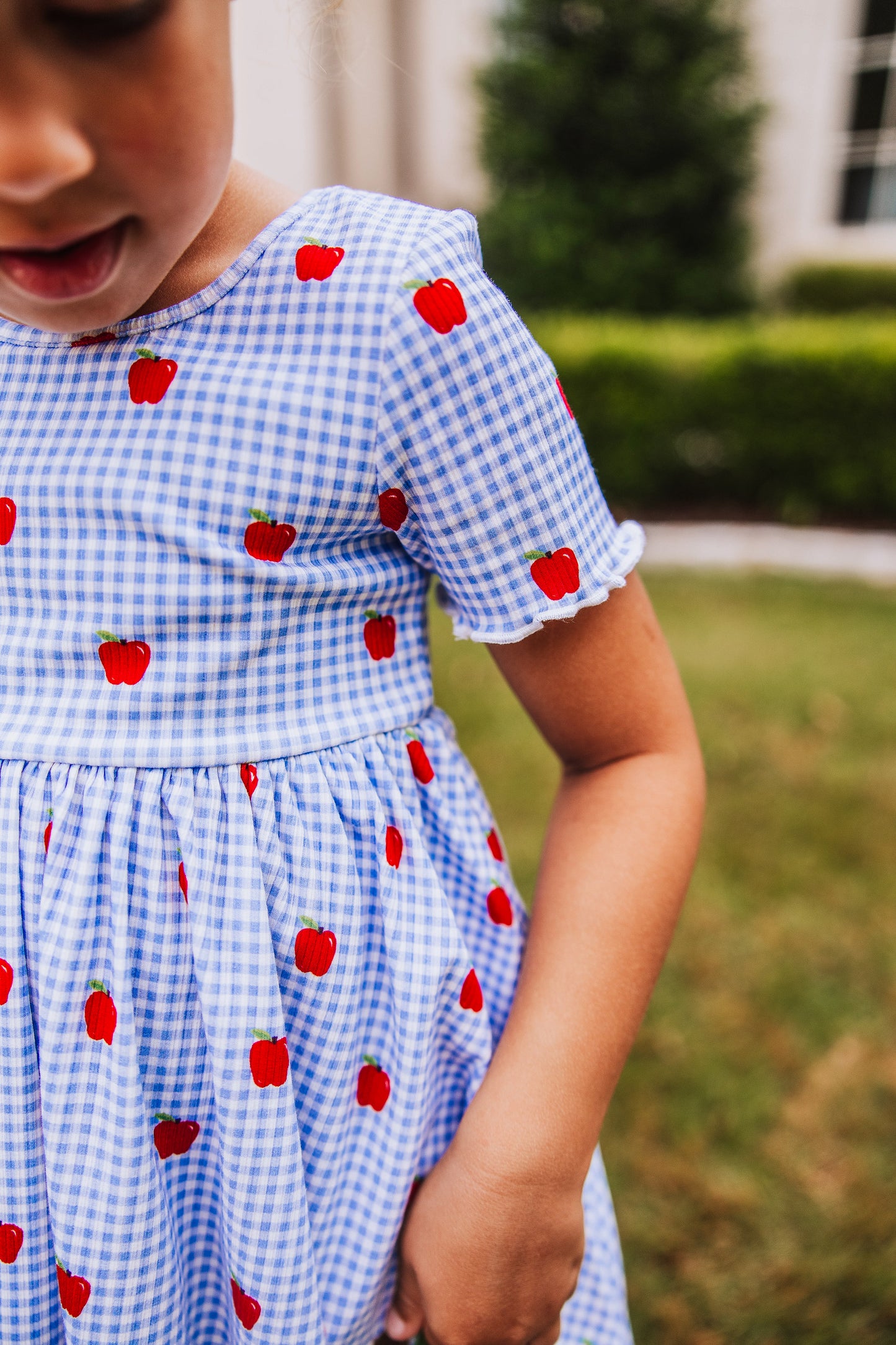 Ribbed Knit Dress - Apple Gingham Blue