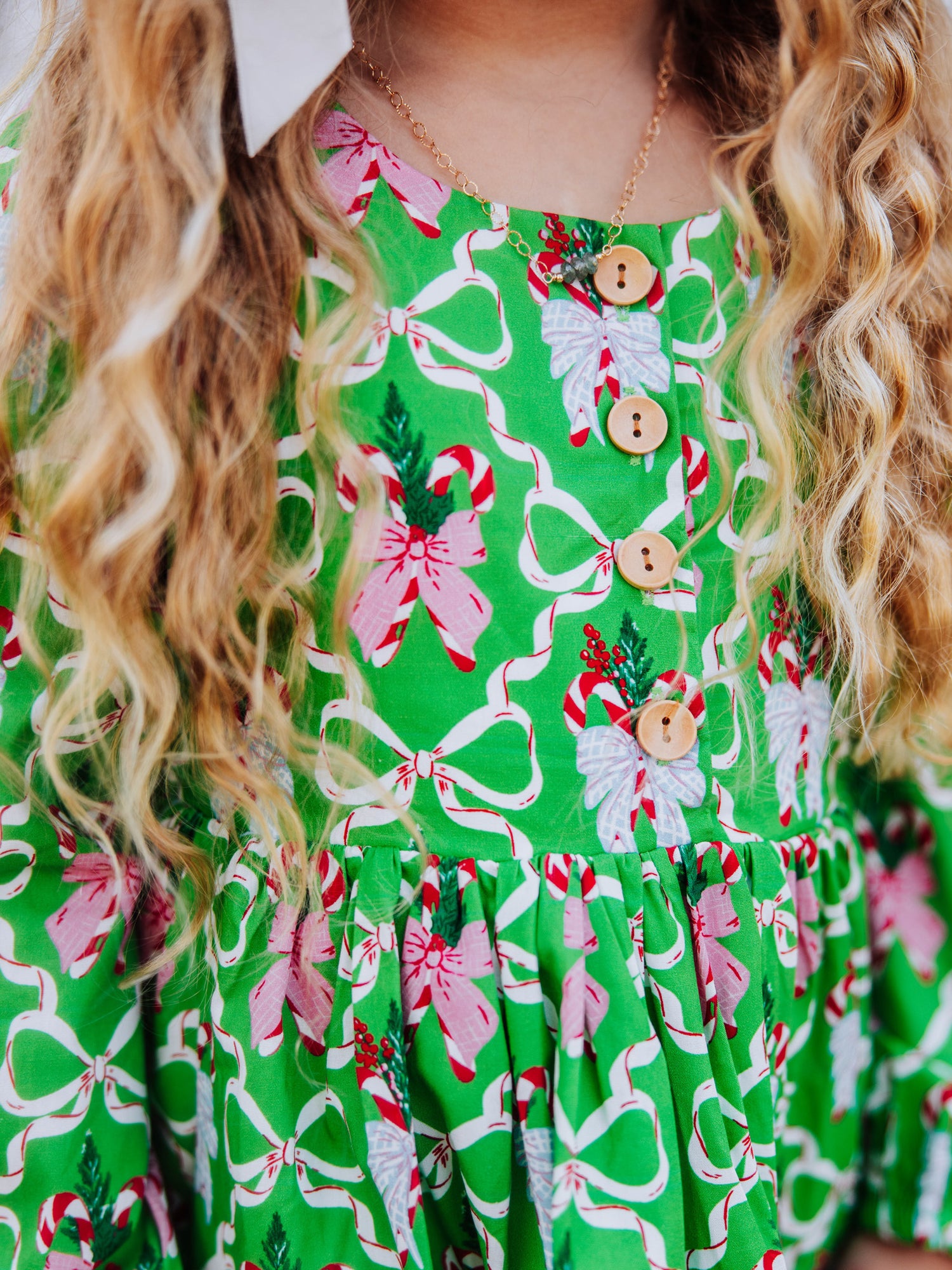Up close shot of buttons on bodice of green holiday themed dress. 
