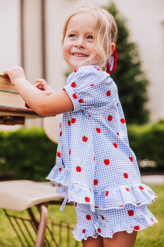Flowy Ruffled Button Set - Apple Gingham Blue