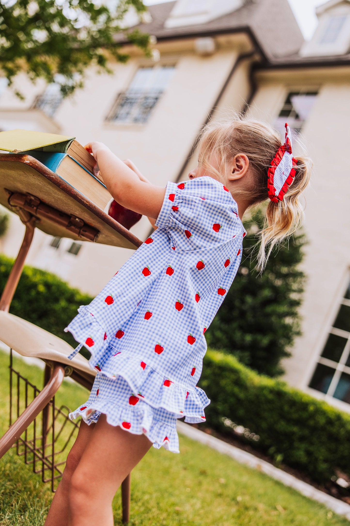 Flowy Ruffled Button Set - Apple Gingham Blue