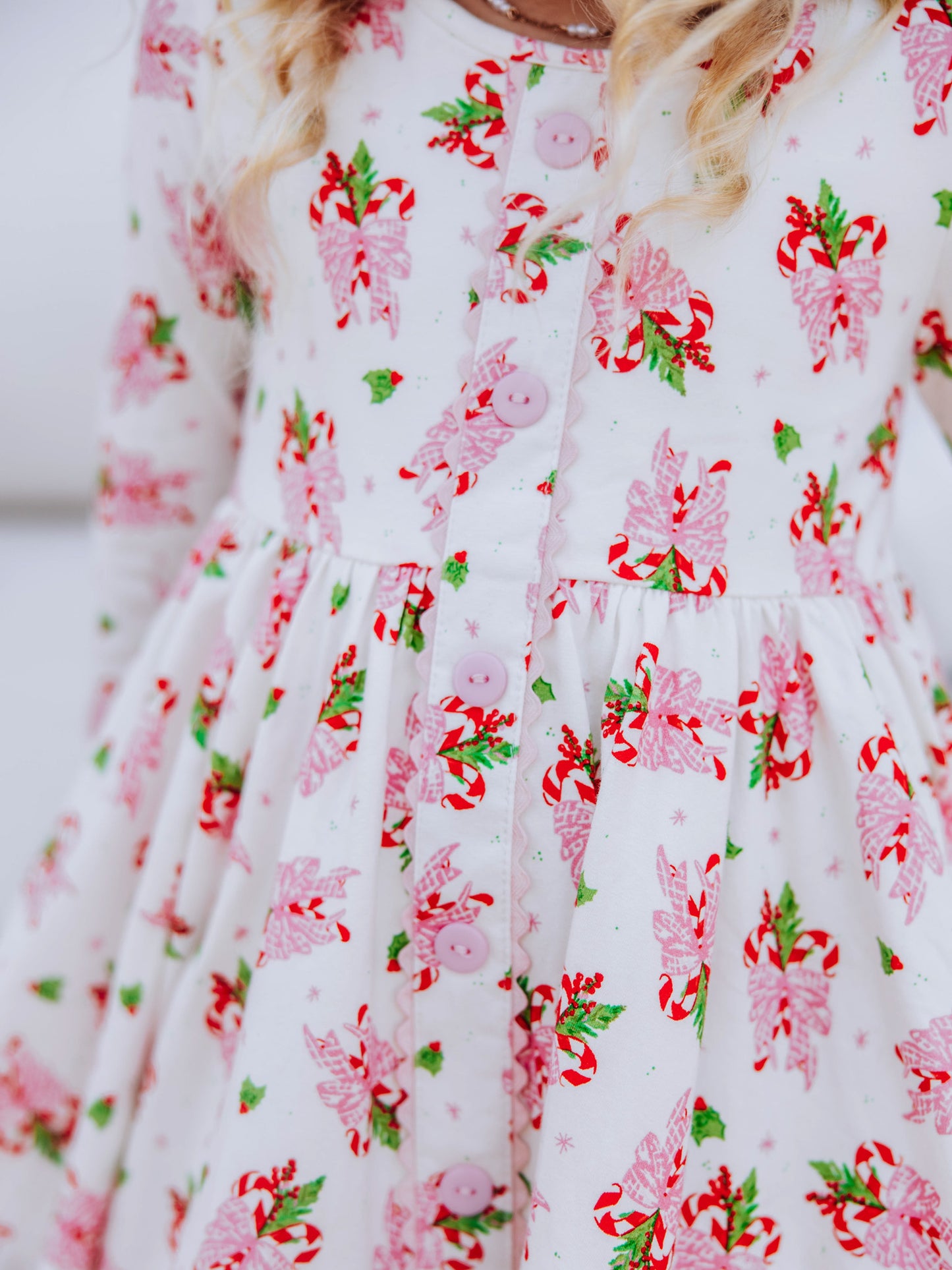 Up close shot of holiday printed dress. 
