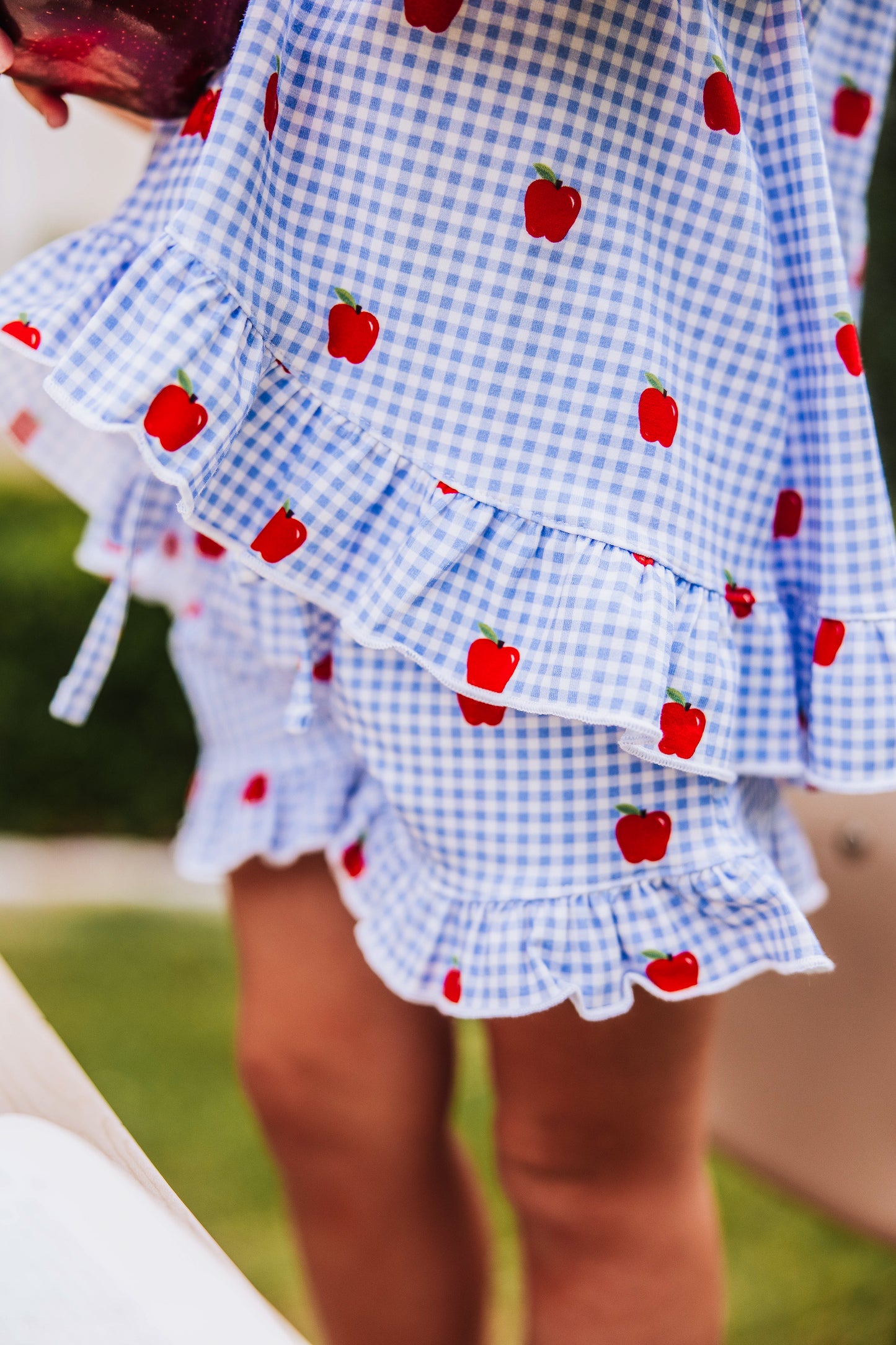 Flowy Ruffled Button Set - Apple Gingham Blue