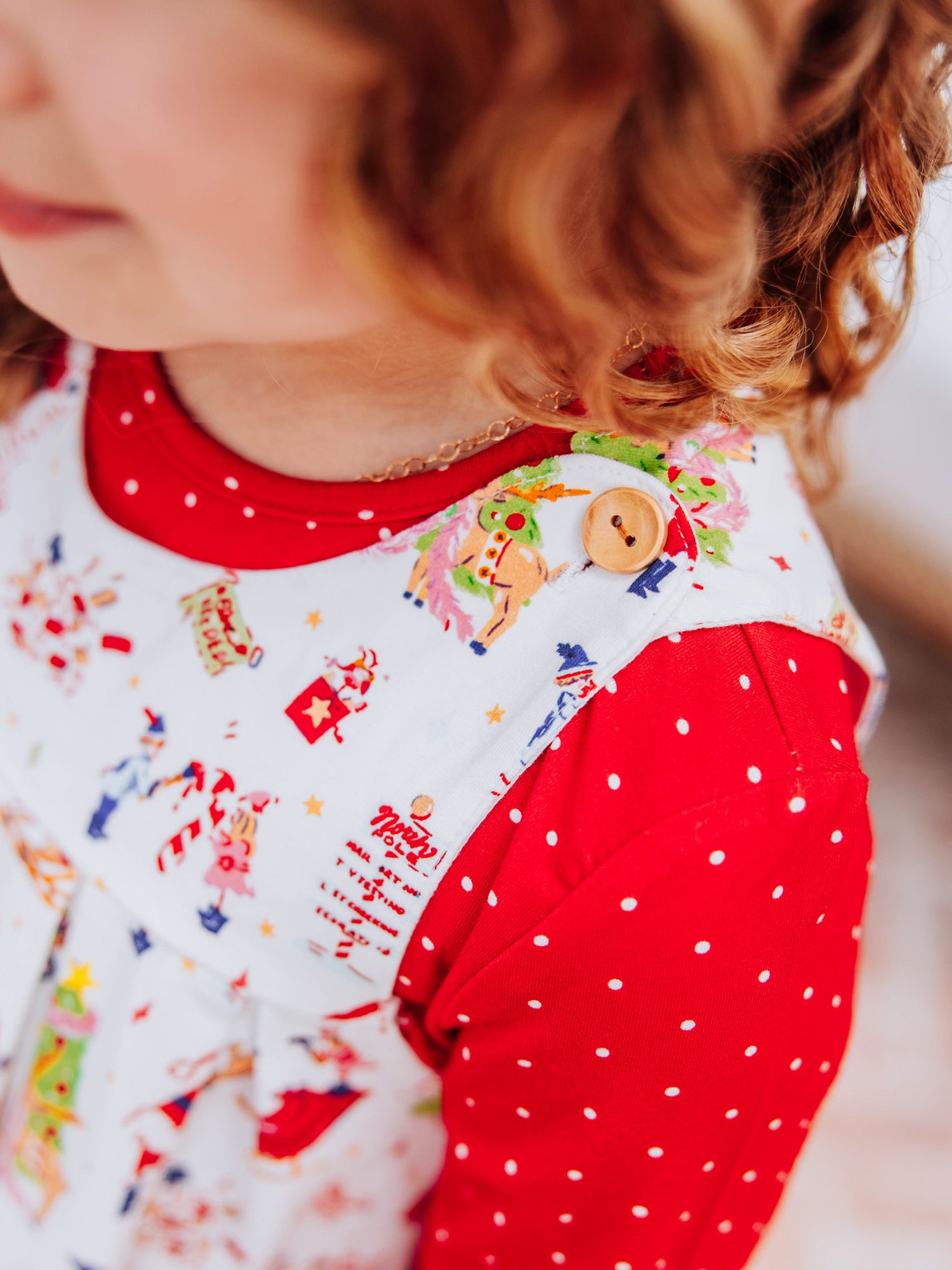 Up close button on the shoulder of a holiday themed retro jumper. 