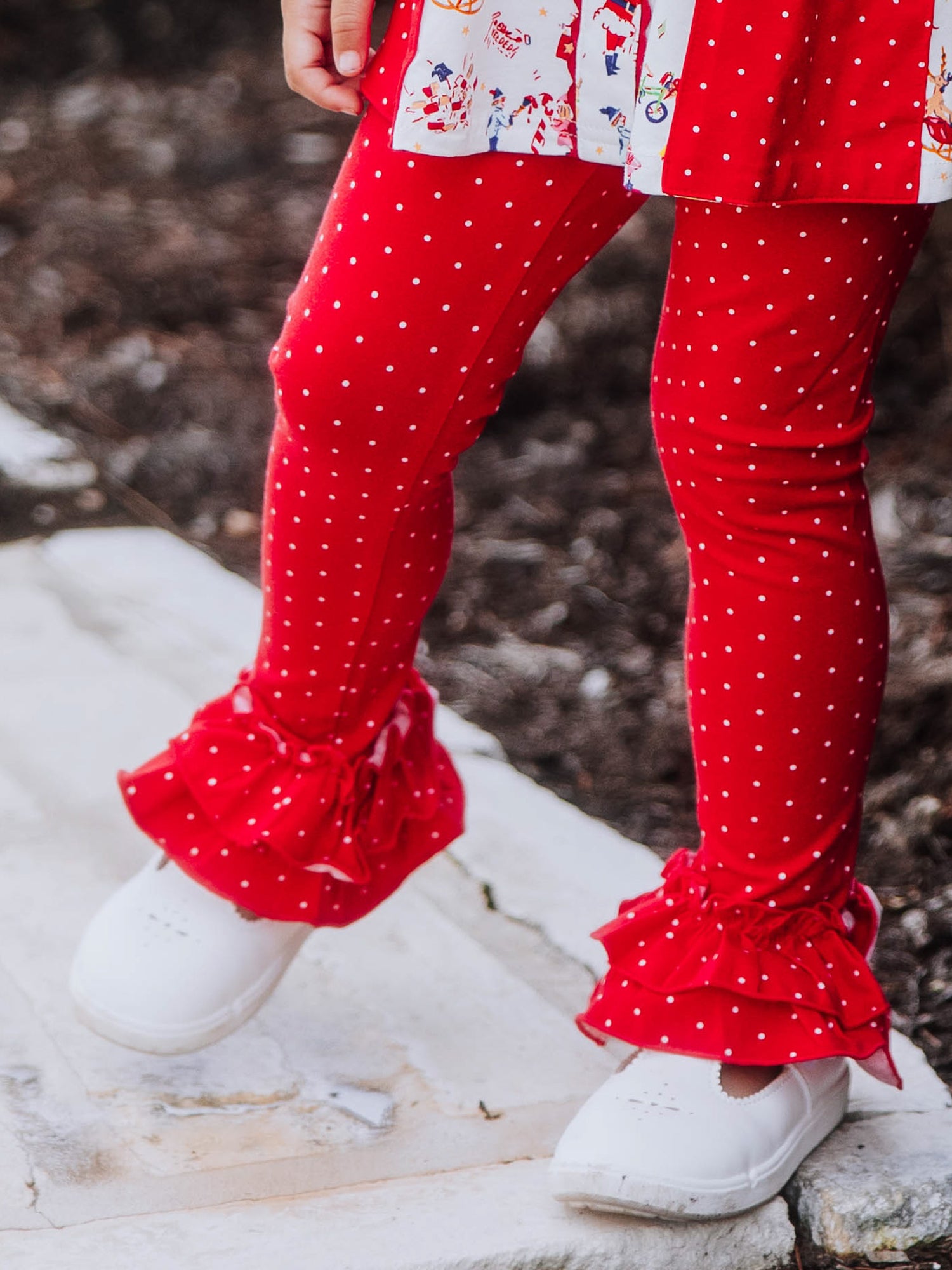 Red with white polka dotted leggings. 