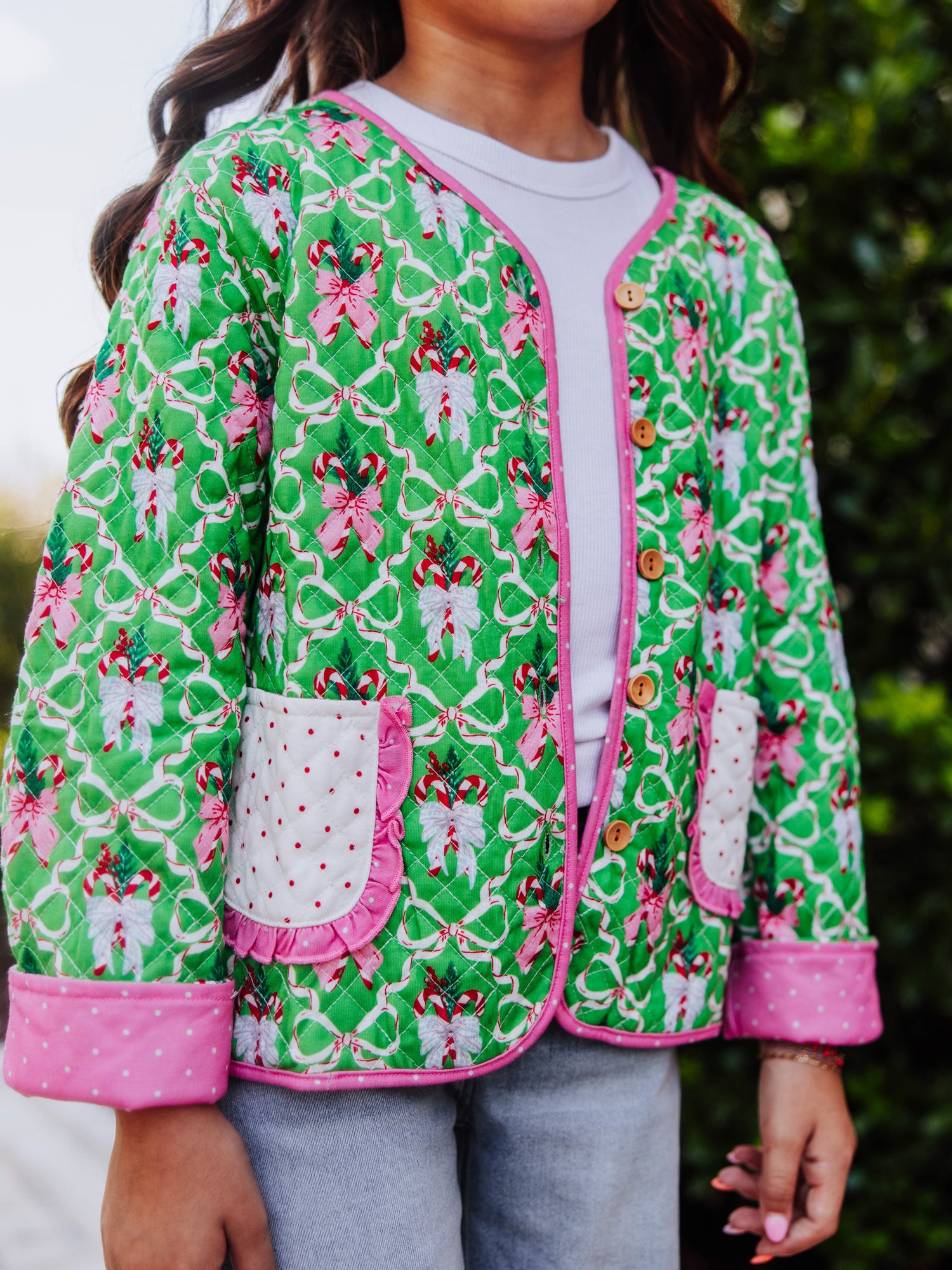 Holiday themed quilted cardigan.