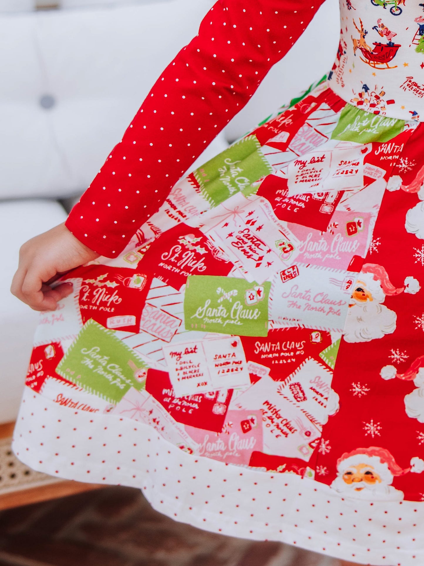 Up close shot of one of the prints on the quirky holiday themed dress.
