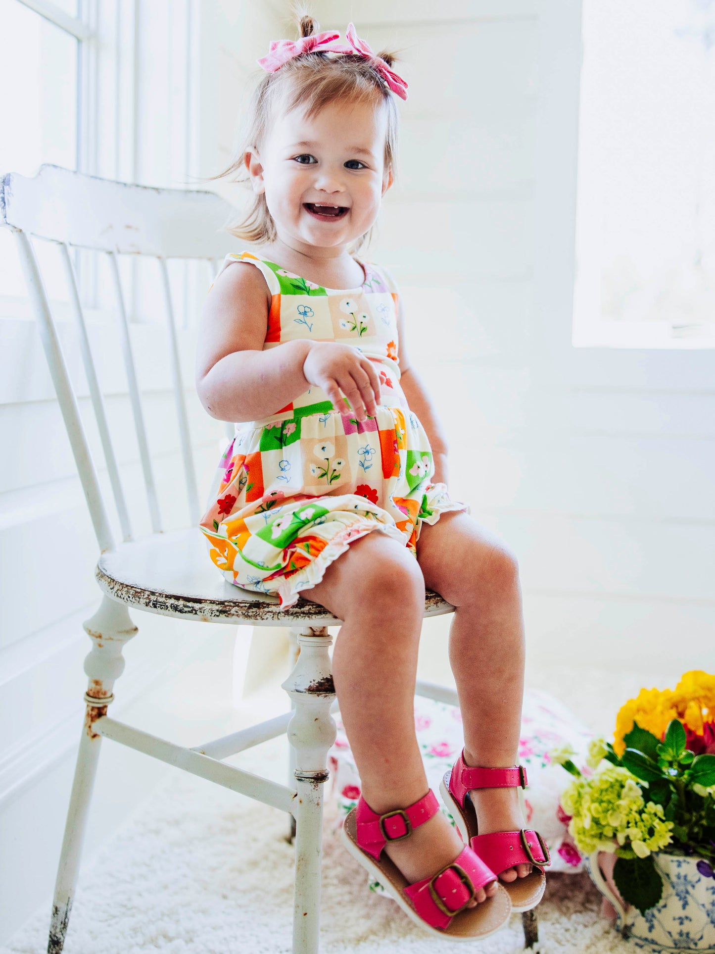 Short Leggy Romper - Checkered Blooms