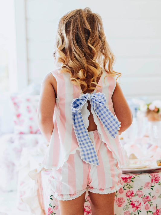 Vintage Bow Playsuit - Pink Stripe