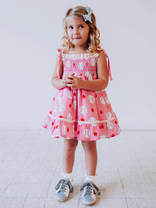 Audrey Smocked Dress - Allstar Baseball Pink