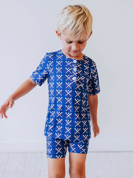 Cloud Short Set Pajamas - Baseball Bats Navy