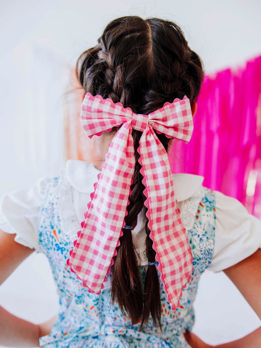 Large Long Tail Bow - Bright Pink Gingham