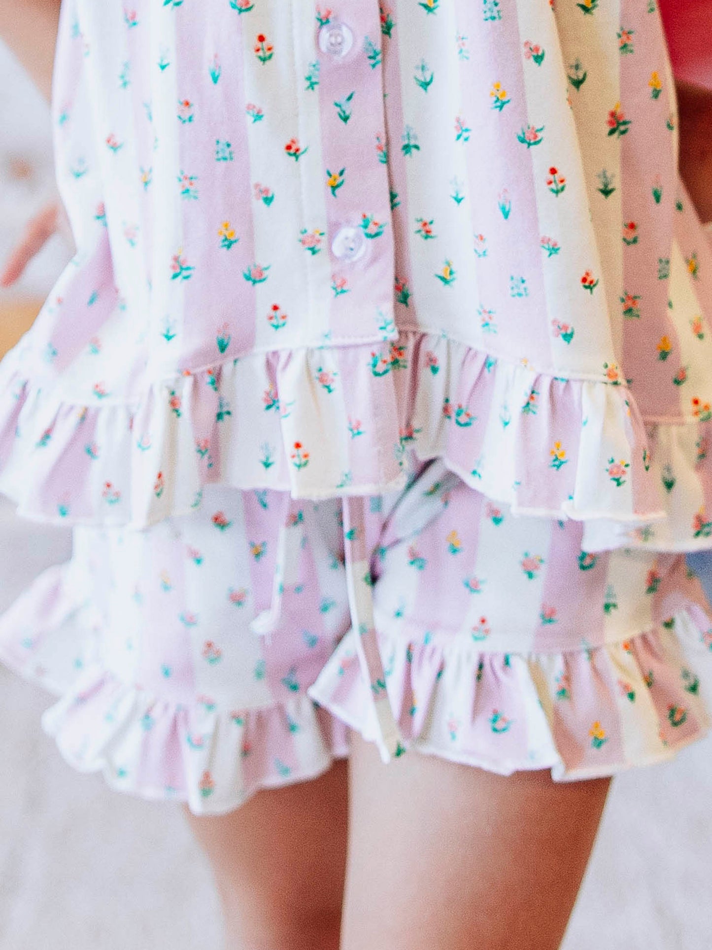 Flowy Ruffled Button Set - Floral Drop Stripe