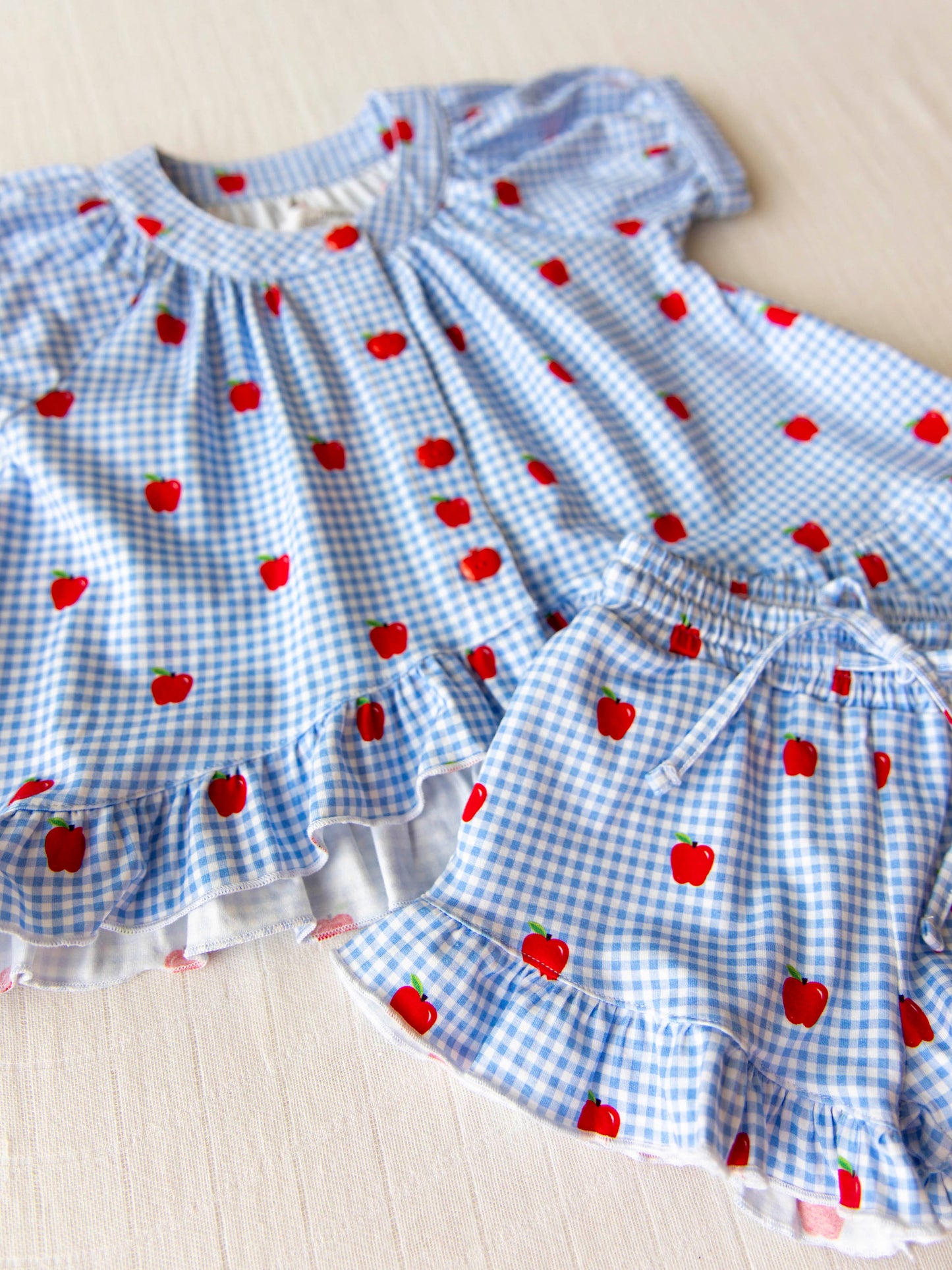 Flowy Ruffled Button Set - Apple Gingham Blue