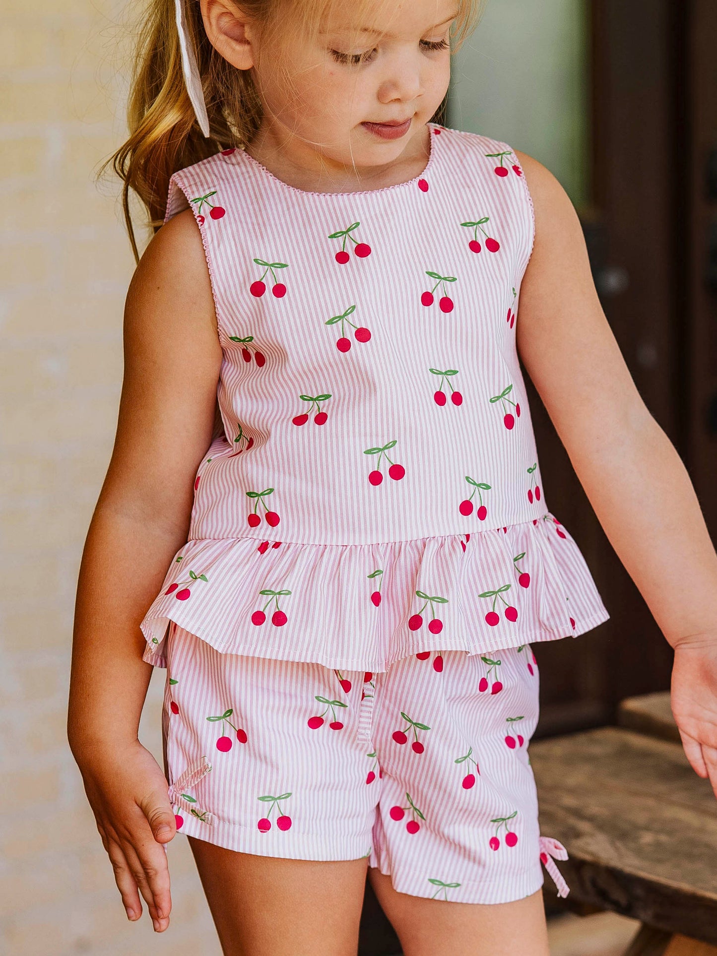 Peplum Tie Set - Bright Cherry Stripes