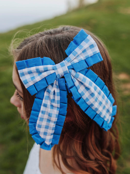 Small Long Tail Bow - Blue Check