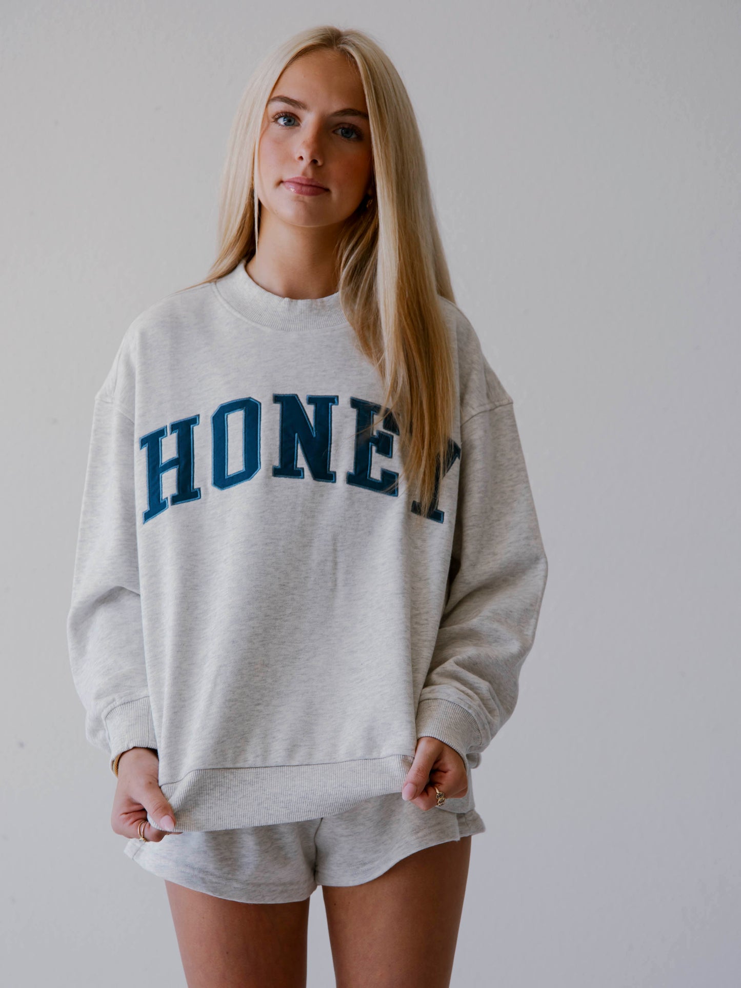 Adult Mock Neck Sweat Set - Honey Navy on Gray