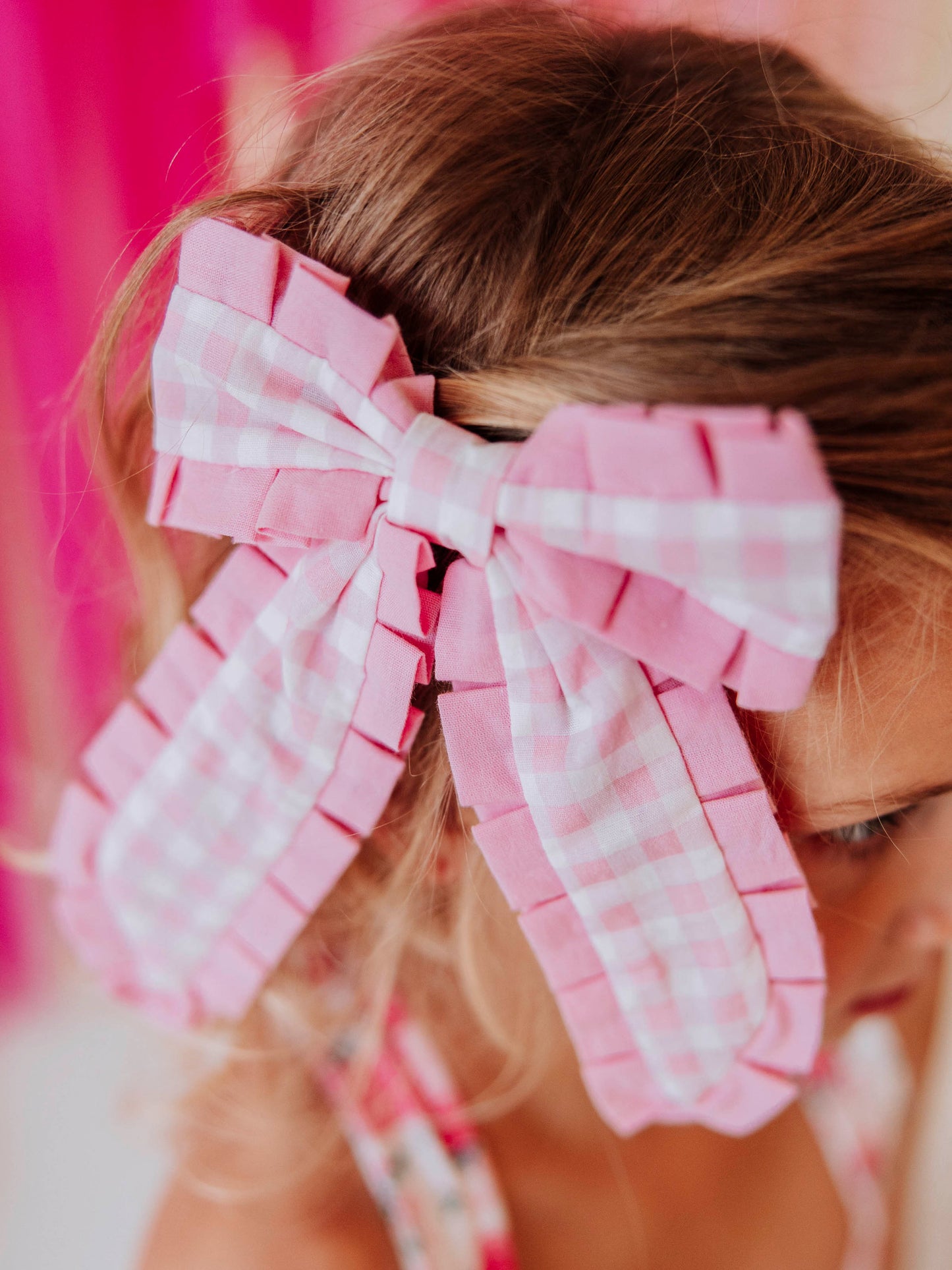 Small Long Tail Bow - Pink Gingham