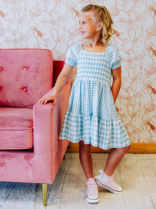 Puff Sleeve Dress - Blue Gingham