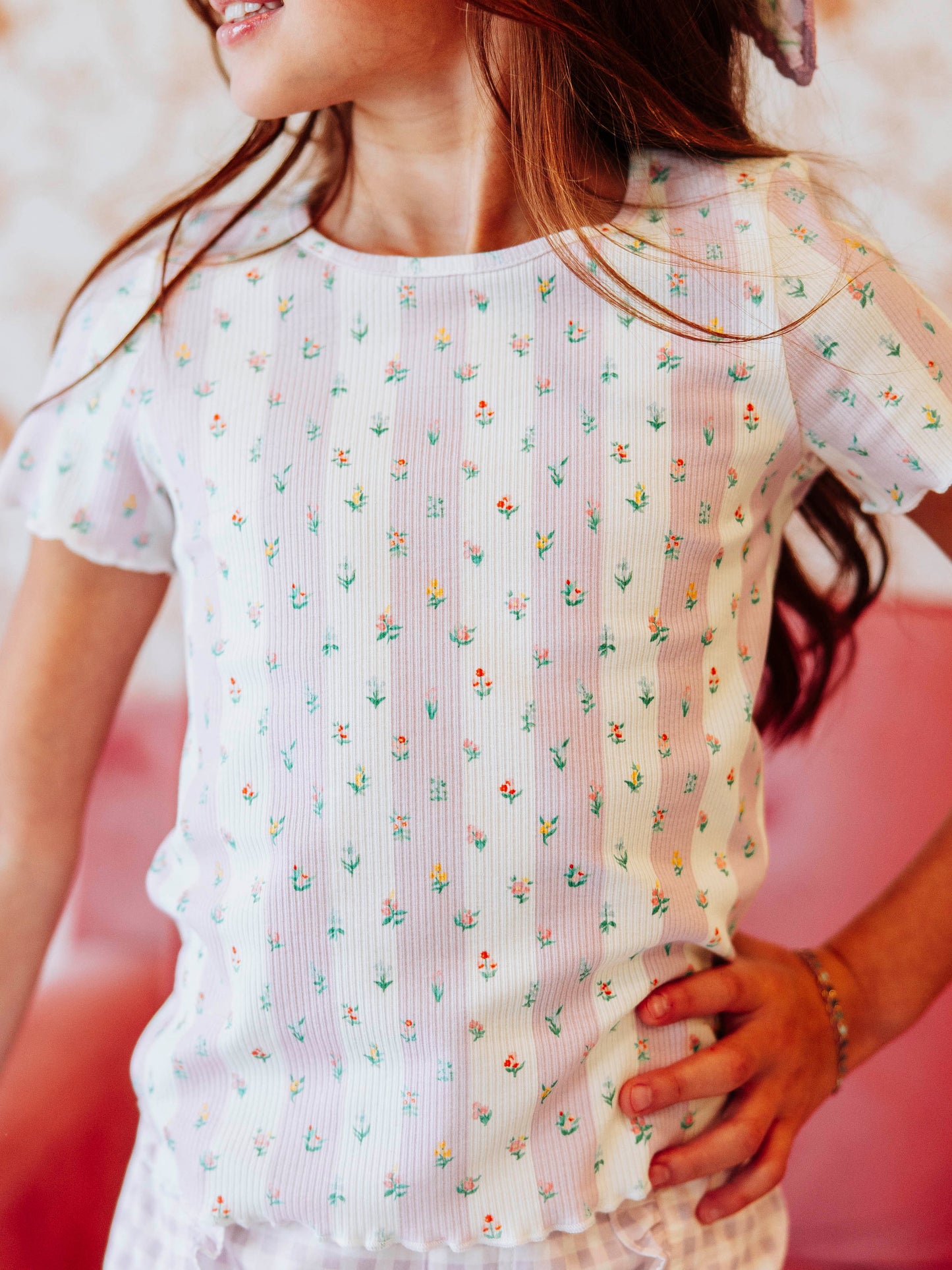 Frilled Sleeve Shirt - Floral Drop Stripe