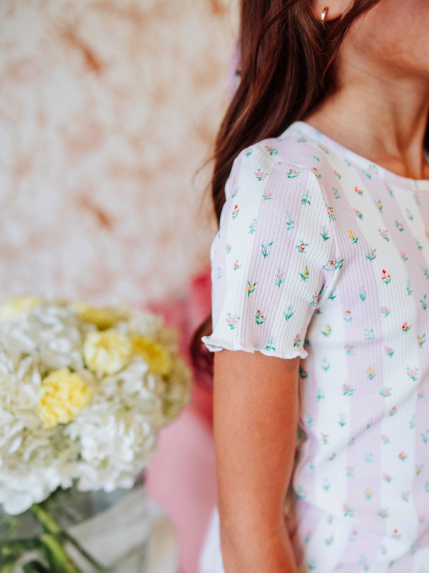 Frilled Sleeve Shirt - Floral Drop Stripe
