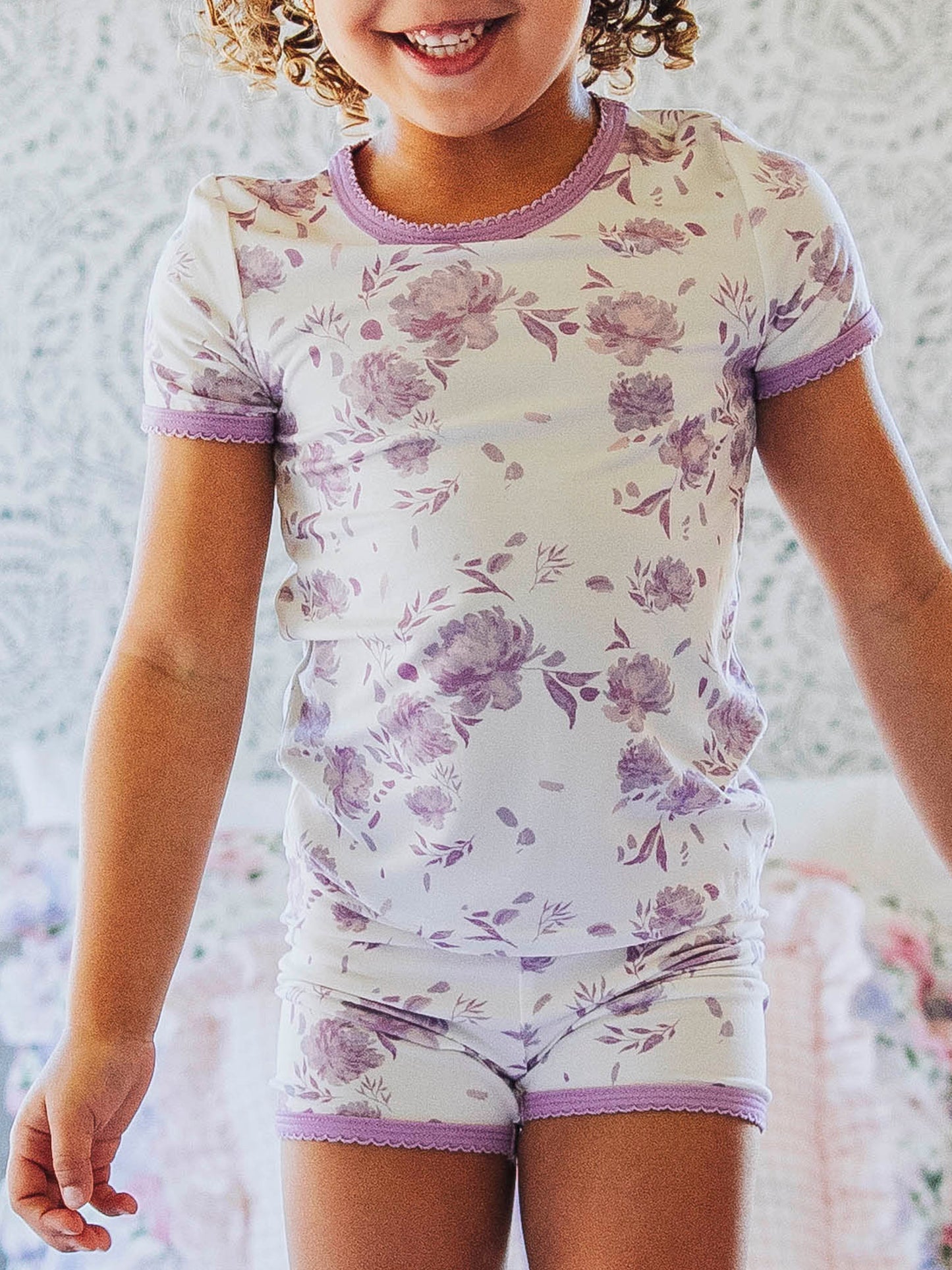 Cloud Fitted Short Set Pajamas - Falling Purple Petals