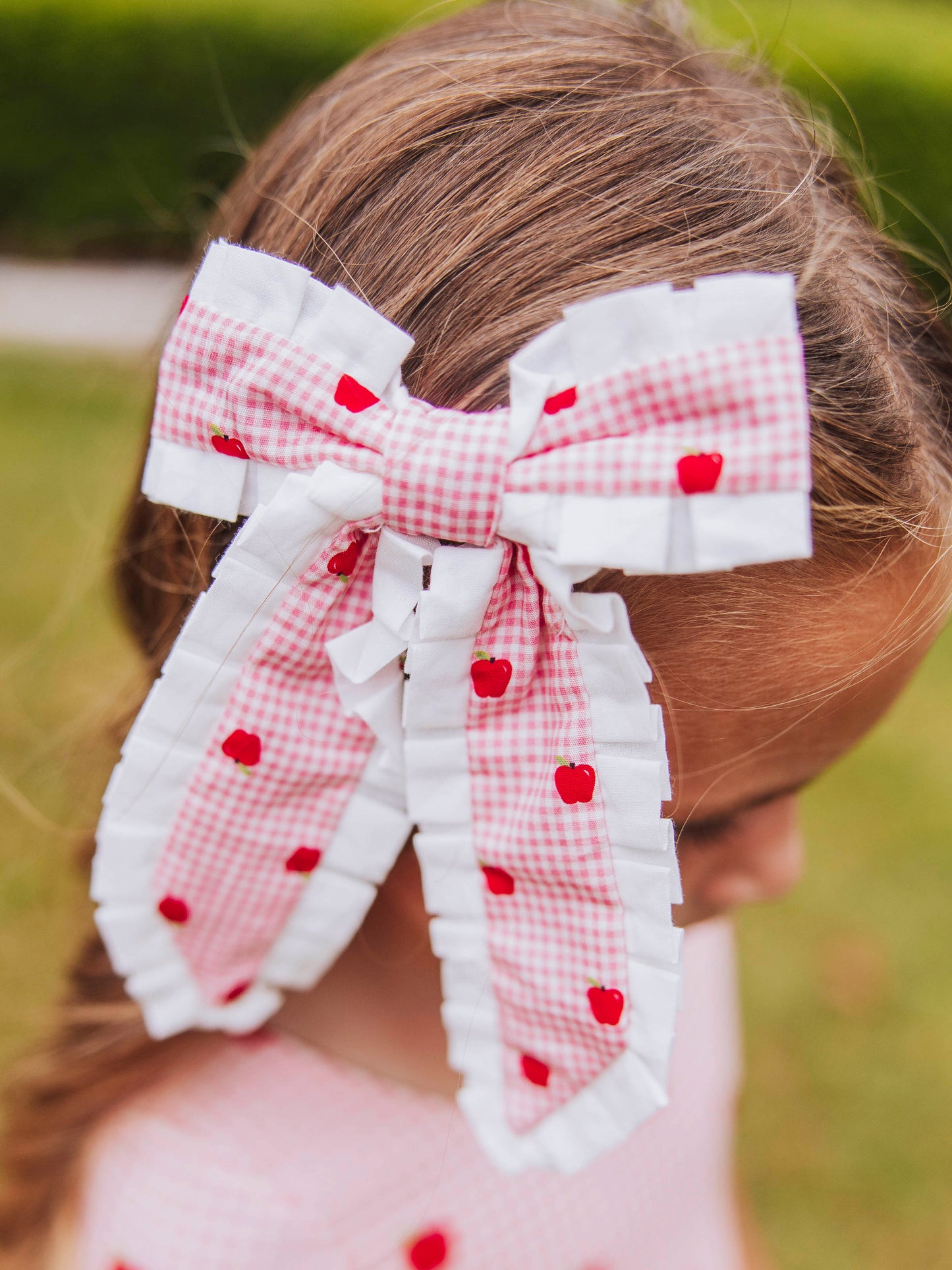 Small Long Tail Bow - Apple Gingham Pink
