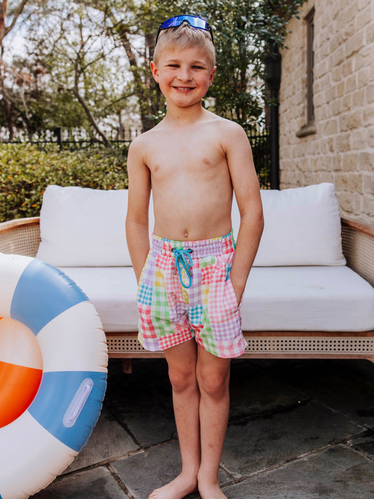 Boy's Swim Trunks - Patchwork Gingham