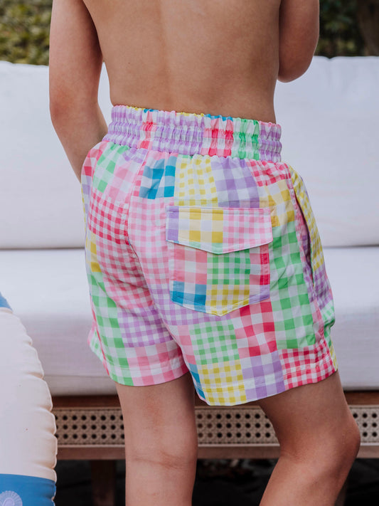 Boy's Swim Trunks - Patchwork Gingham