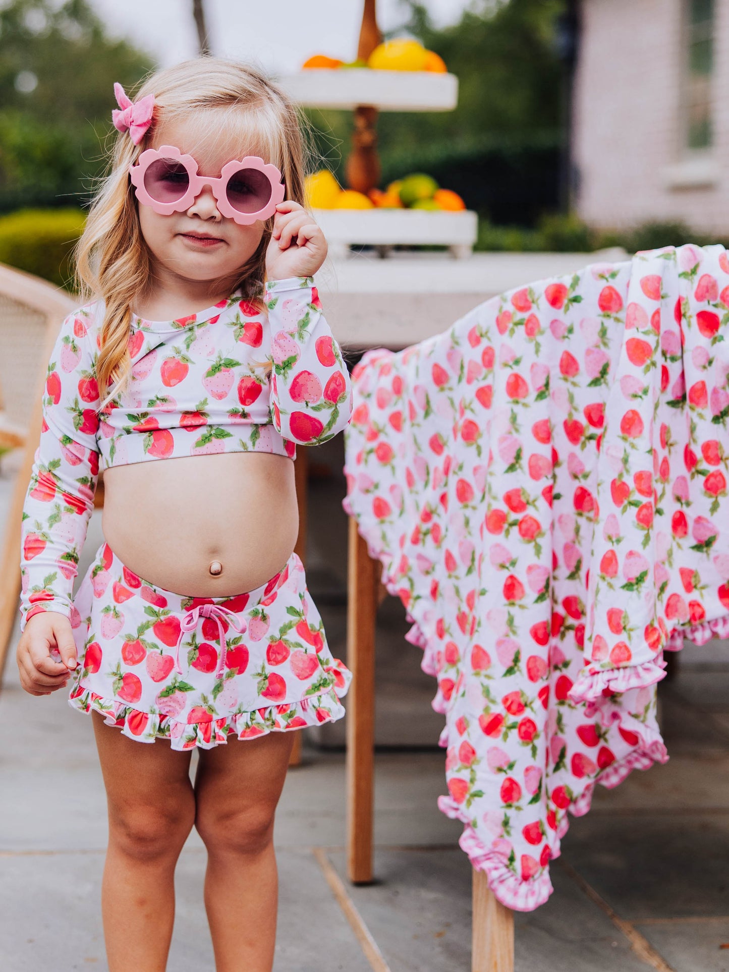 Skirted Crop Rash Guard - Watercolor Strawberries