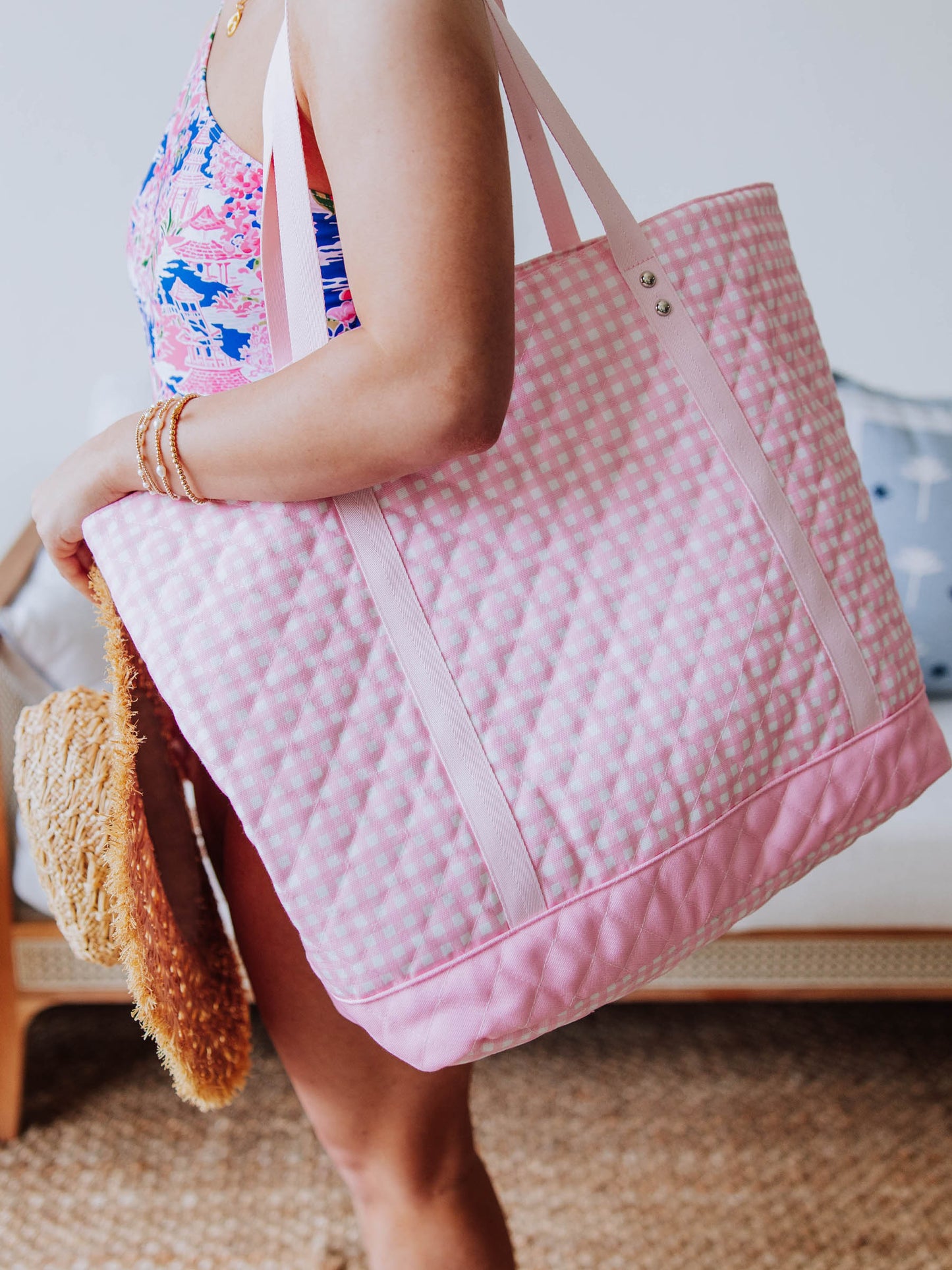 Quilted Tote - Flamingo Check