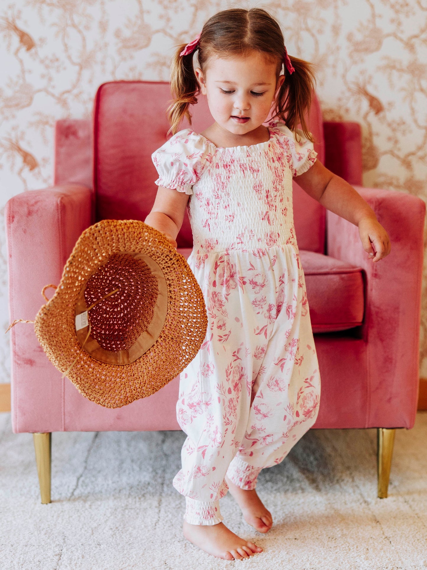 Smocked Romper - Falling Pink Petals
