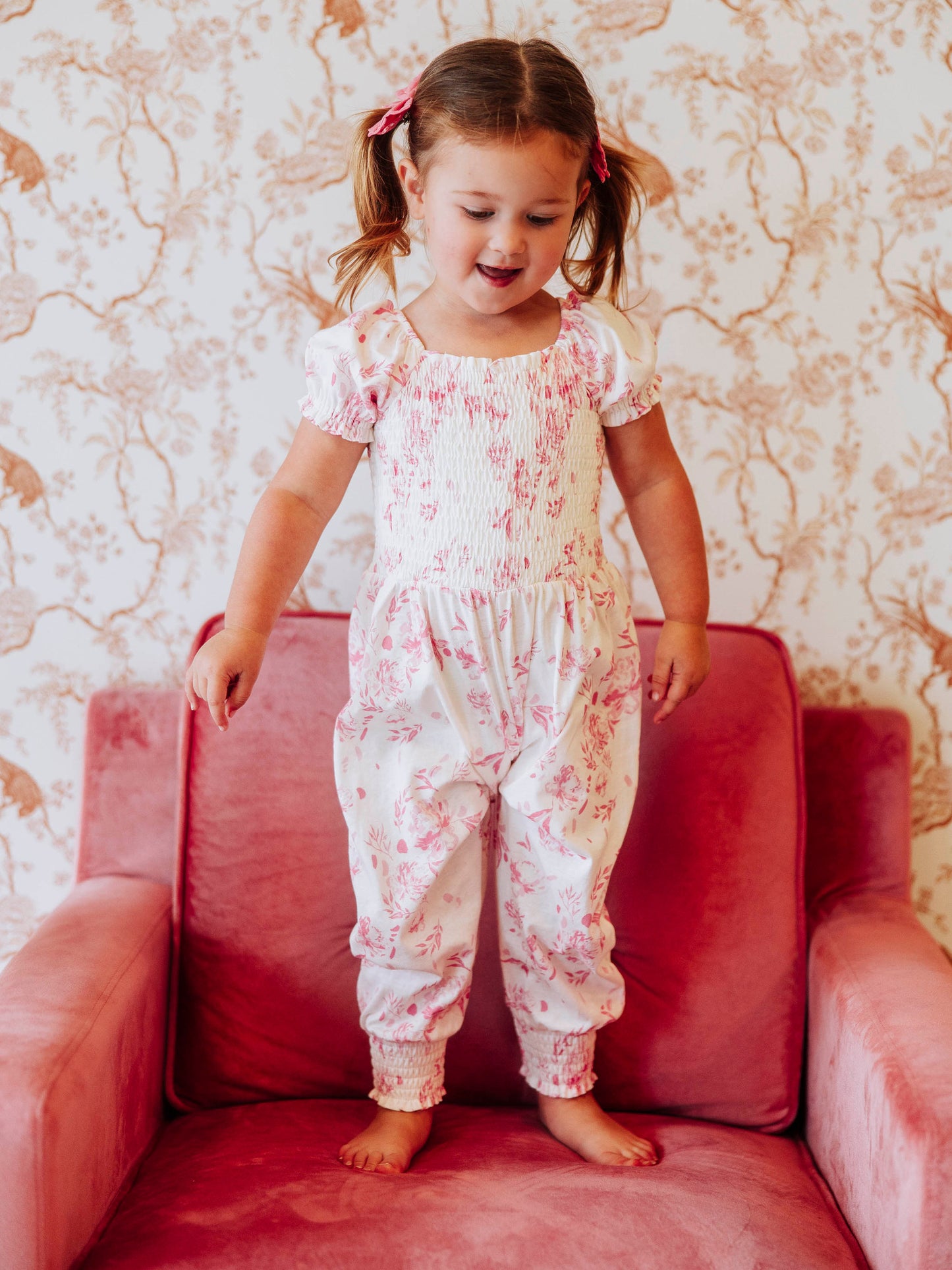 Smocked Romper - Falling Pink Petals