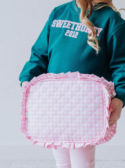 Ruffled Cosmetic Bag - Flamingo Check