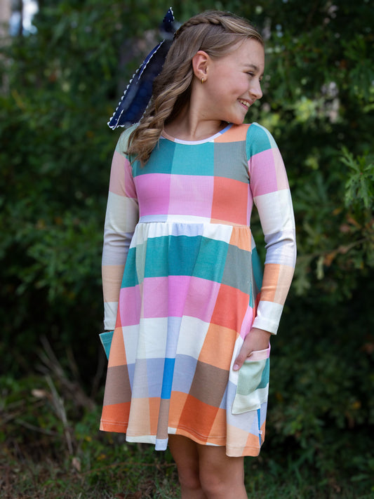 Fitted Ribbed Dress - Fall Nights Plaid