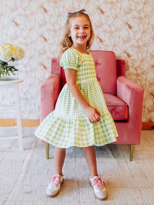 Puff Sleeve Dress - Green Gingham