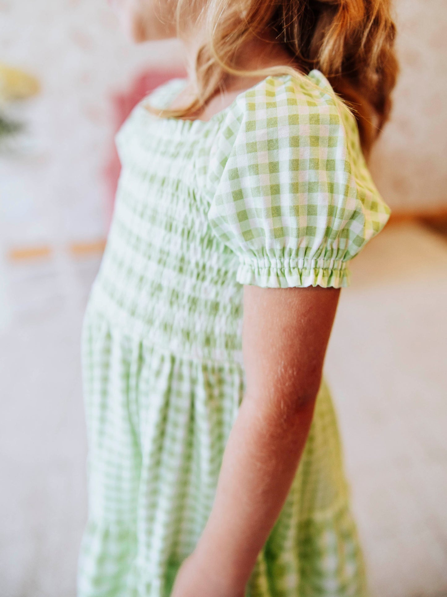 Puff Sleeve Dress - Green Gingham