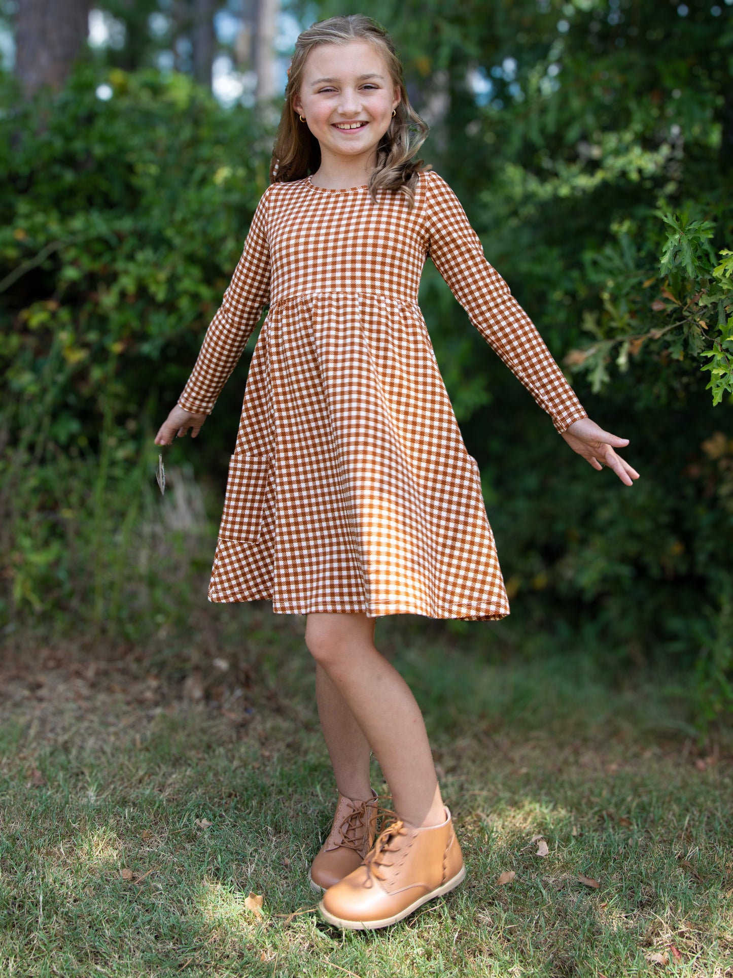 Fitted Ribbed Dress - Brown Check
