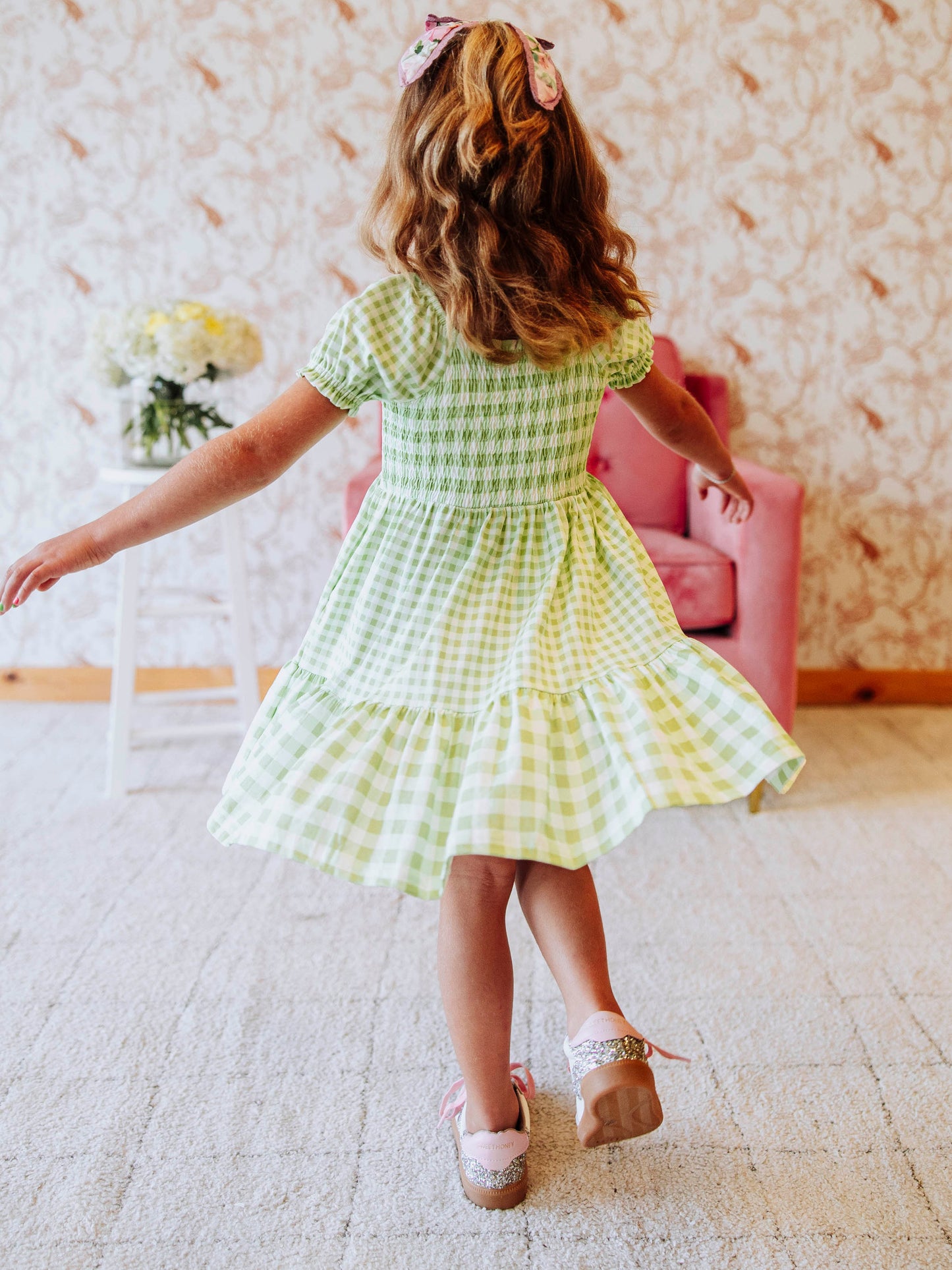 Puff Sleeve Dress - Green Gingham
