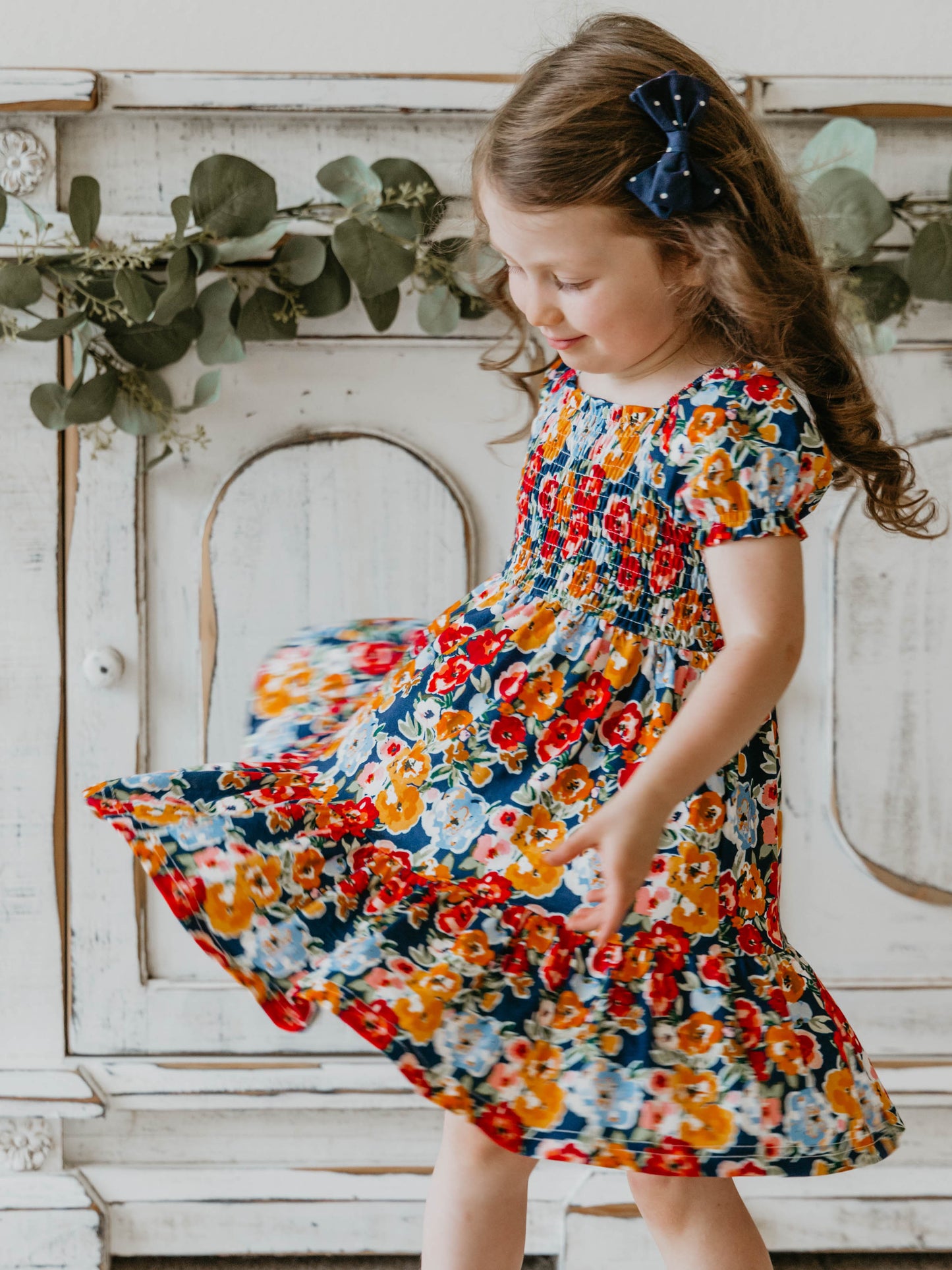 Puff Sleeve Dress - Navy Fall Blooms