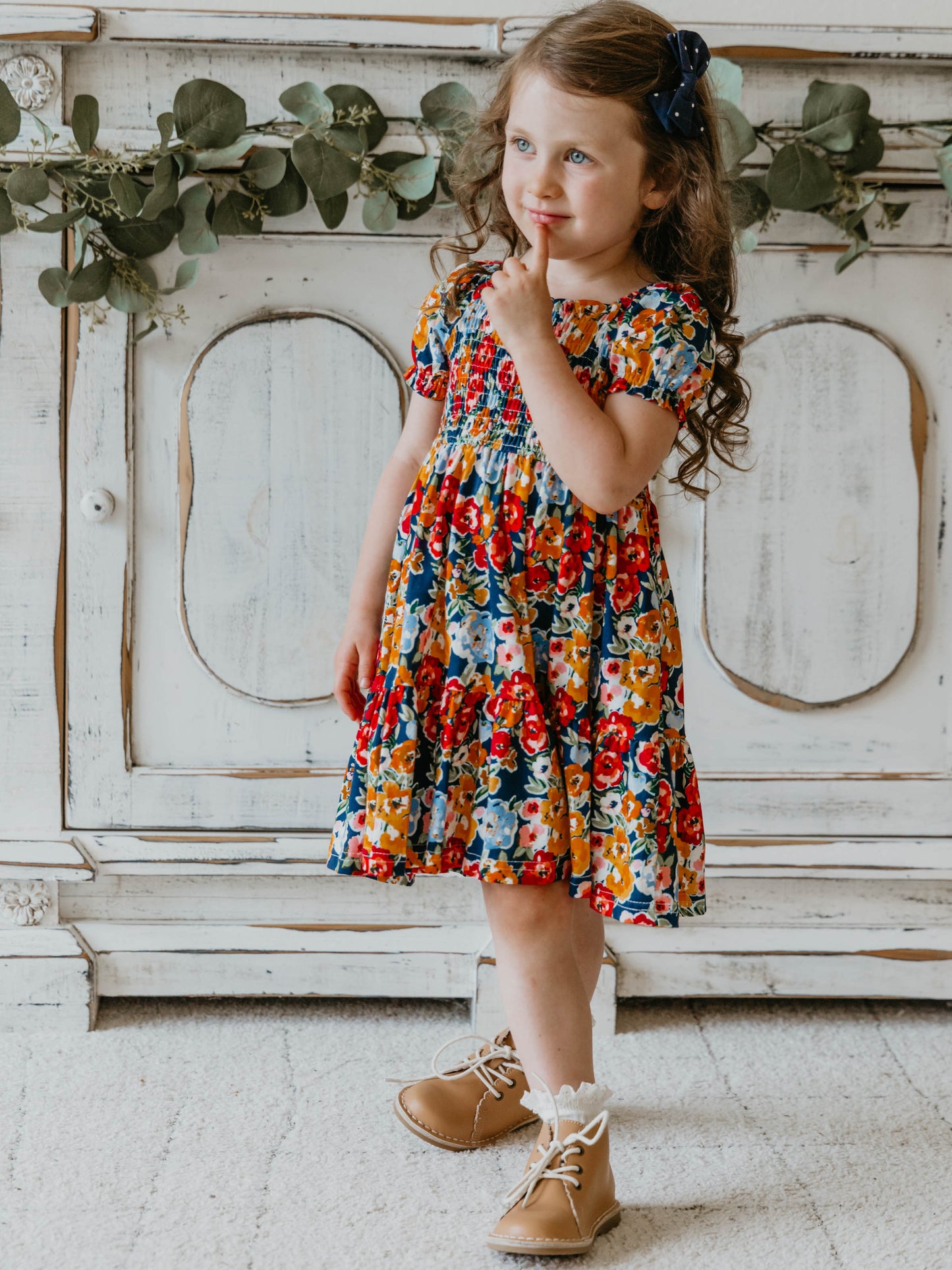 Puff Sleeve Dress - Navy Fall Blooms