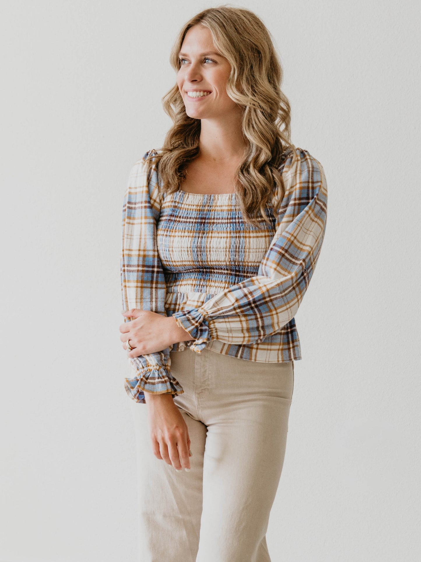 Women's Peplum Blouse - Blue Stone Plaid