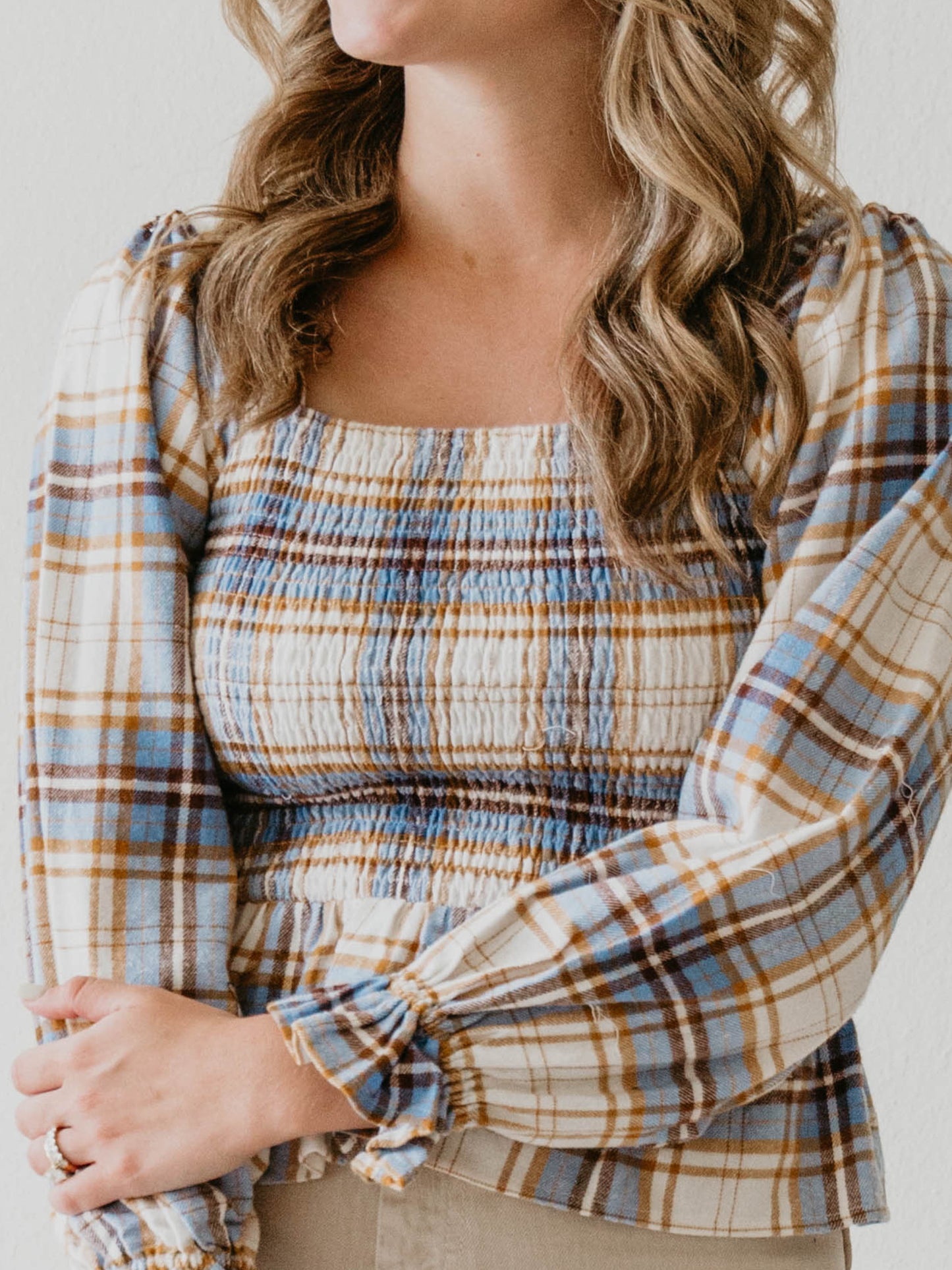 Women's Peplum Blouse - Blue Stone Plaid