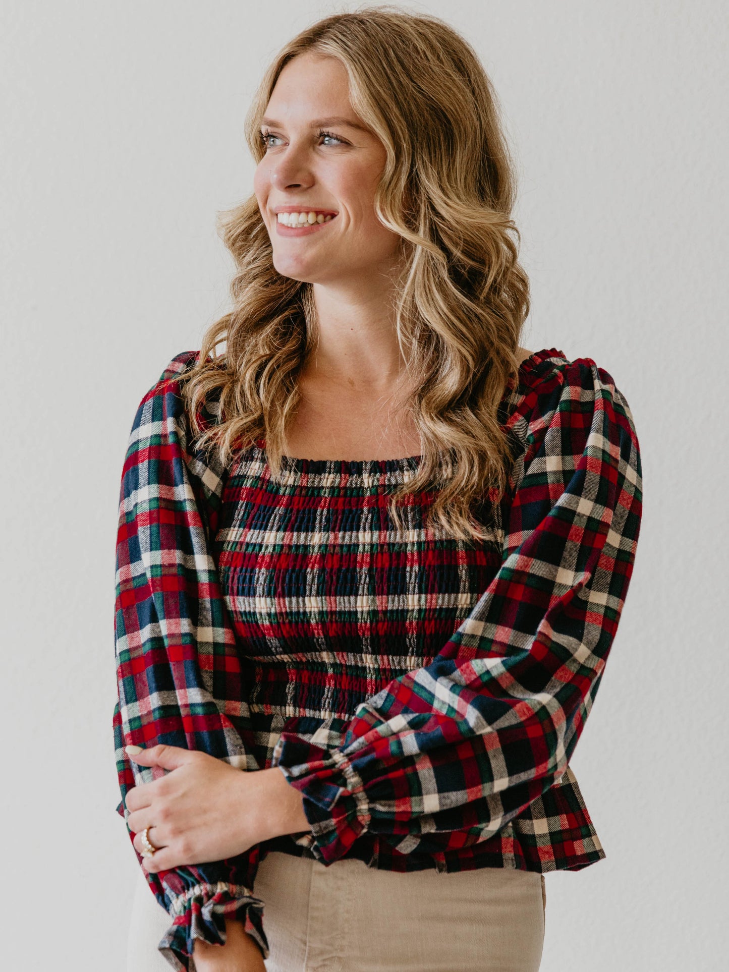 Women's Peplum Blouse - Holiday Cheer Plaid