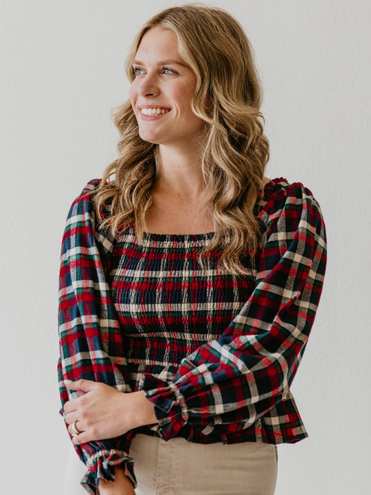 Women's Peplum Blouse - Holiday Cheer Plaid