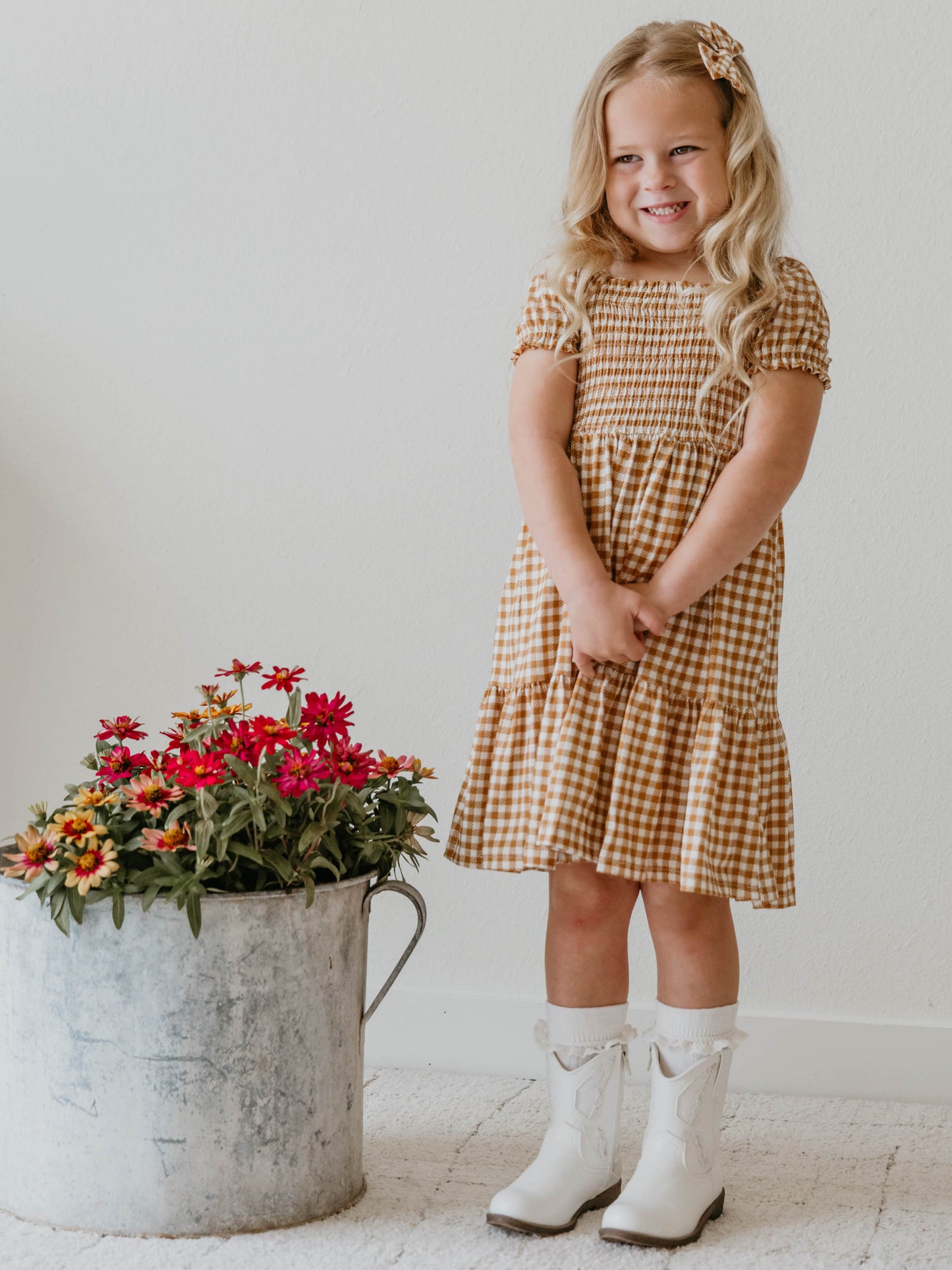 Puff Sleeve Dress - Mustard Gingham