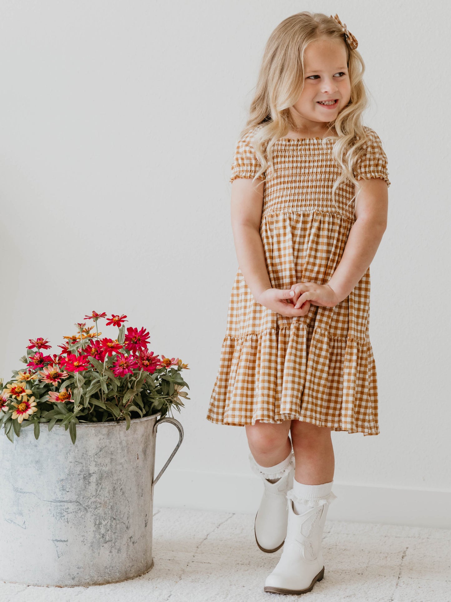 Puff Sleeve Dress - Mustard Gingham