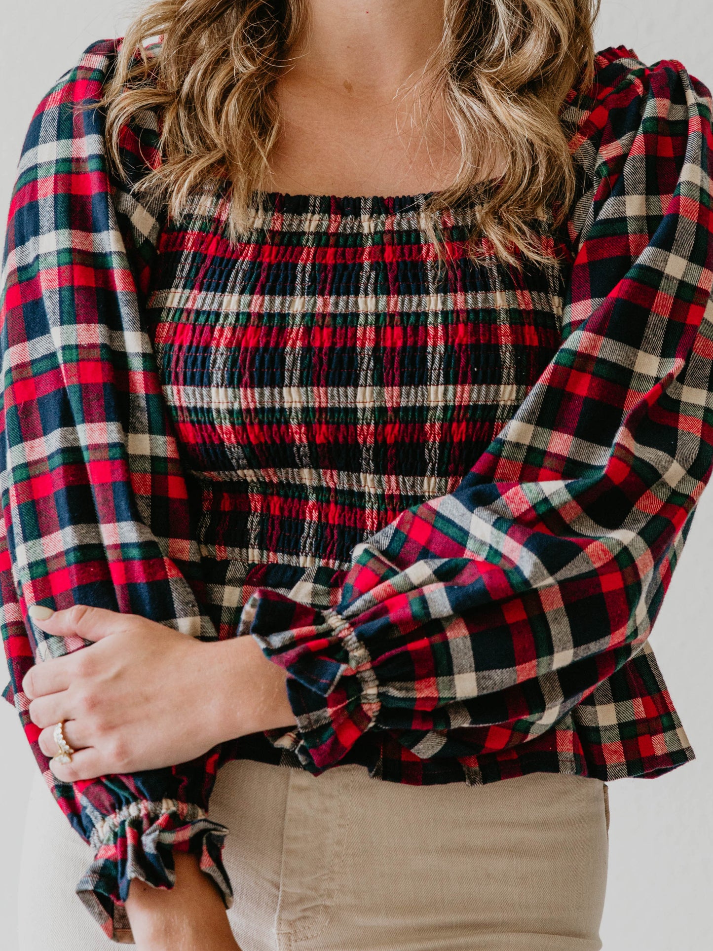 Women's Peplum Blouse - Holiday Cheer Plaid