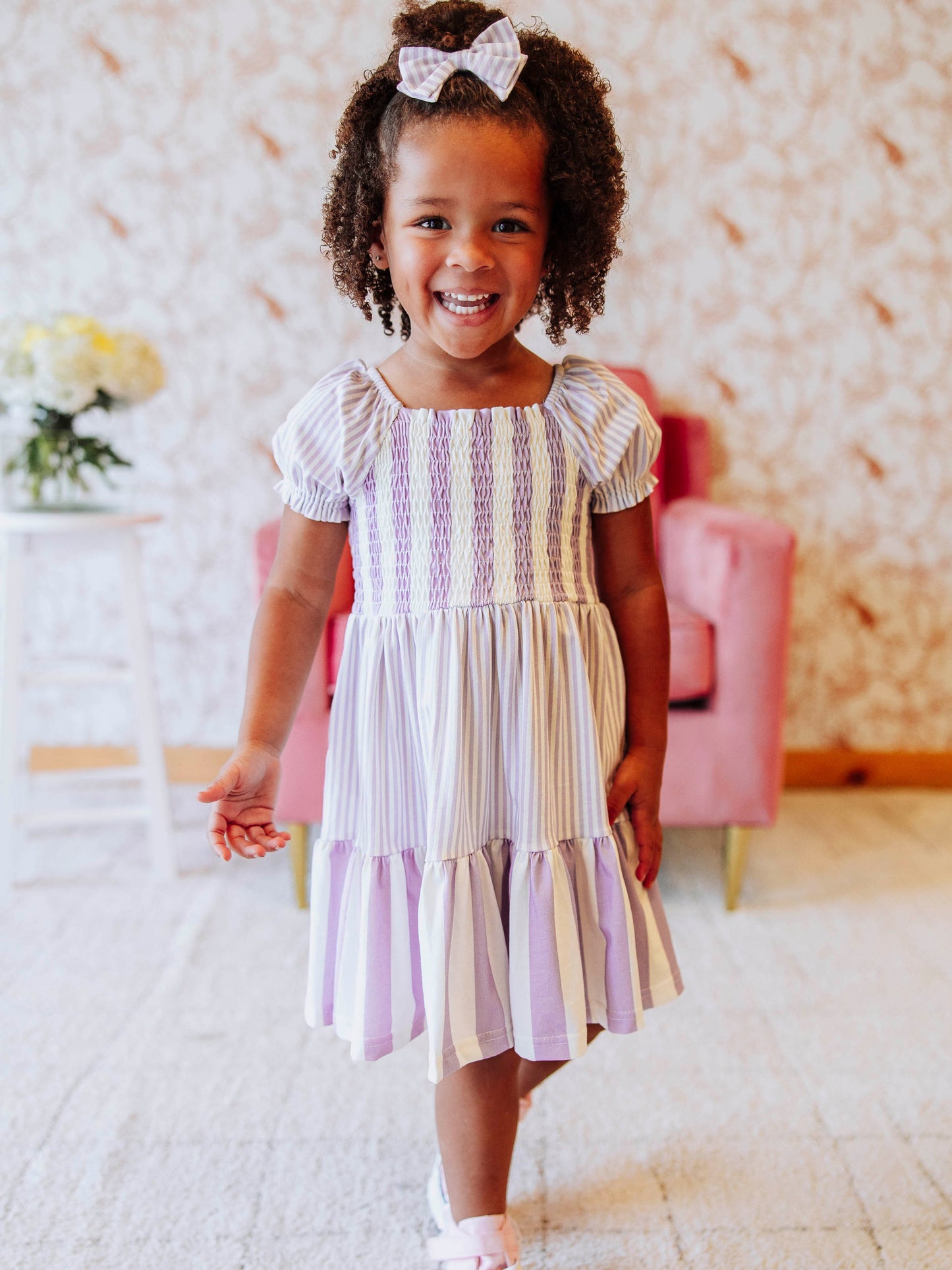 Puff Sleeve Dress - Purple Stripe