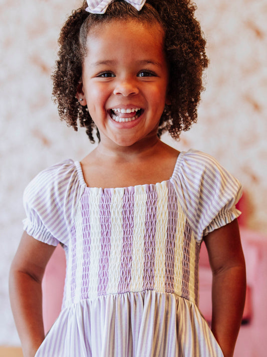 Puff Sleeve Dress - Purple Stripe
